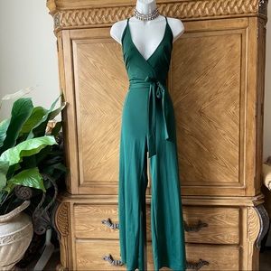 Green spaghetti strap wide leg belted jumpsuit